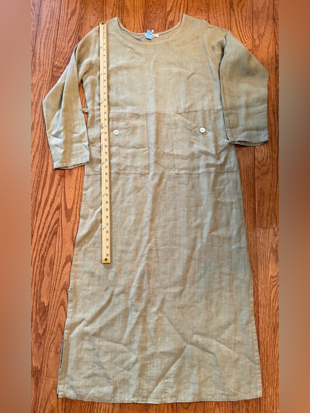 VTG 100% Linen Long Sleeve Shift Dress W/Side Splits and Pockets Green Size S/M